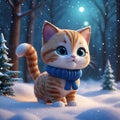 A cute and adorable kitten wearing scarf, in a moonlit night, snowy forest, christmas tree, cat, cartoon, anime art, animal
