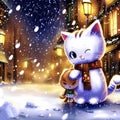 Cute and adorable kitty in the Big town, snow rain, lights, anime, cartoon caricature, illustration