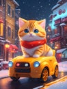 Cute and adorable kitty riding a car, wearing scraft, in the snowing night at a town, illustration