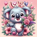 A cute and adorable koala in love scene, surrounfed by pink rose flower petals, romance athmosphere, love art, cartoon, anime art