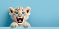 cute adorable lion cub smiling and isolated on blue background with copy space generative ai Royalty Free Stock Photo