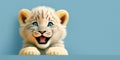 cute adorable lion cub smiling and isolated on blue background with copy space generative ai Royalty Free Stock Photo