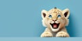 cute adorable lion cub smiling and isolated on blue background with copy space generative ai Royalty Free Stock Photo