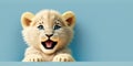 cute adorable lion cub smiling and isolated on blue background with copy space generative ai Royalty Free Stock Photo