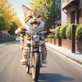 Cute and adorable little animation cat riding bike. Generative AI