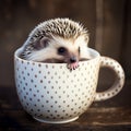 Cute adorable little baby eared hedgehog in a cup close-up. Nice lovely pet,