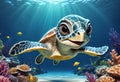 Cute and adorable little baby sea turtle underwater. Generative AI Royalty Free Stock Photo
