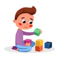 Cute Adorable Little Boy Playing with Colorful Toy Blocks, Kids Good Behavior Cartoon Style Vector Illustration Royalty Free Stock Photo