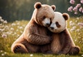 Cute and adorable little brown bear and panda on meadow. Generative AI