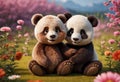 Cute and adorable little brown bear and panda on meadow. Generative AI