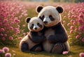 Cute and adorable little brown bear and panda on meadow. Generative AI