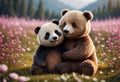 Cute and adorable little brown bear and panda on meadow. Generative AI