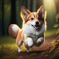 Cute and adorable little corgi running through the sunny forest. Generative AI