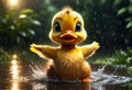 Cute and adorable little duck dancing in the rain. Generative AI