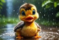 Cute and adorable little duck dancing in the rain. Generative AI