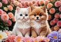 Cute and adorable little fluffy cat and dog in flowers. Generative AI Royalty Free Stock Photo