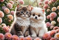 Cute and adorable little fluffy cat and dog in flowers. Generative AI Royalty Free Stock Photo