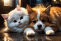 Cute and adorable little fluffy cat and dog. Generative AI