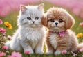 Cute and adorable little fluffy cat and dog on meadow. Generative AI Royalty Free Stock Photo