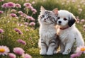 Cute and adorable little fluffy cat and dog on meadow. Generative AI Royalty Free Stock Photo