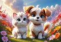 Cute and adorable little fluffy cat and dog on meadow. Generative AI Royalty Free Stock Photo