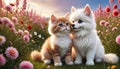Cute and adorable little fluffy cat and dog on meadow. Generative AI Royalty Free Stock Photo
