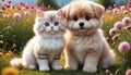 Cute and adorable little fluffy cat and dog on meadow. Generative AI Royalty Free Stock Photo