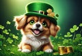 Cute and adorable little fluffy dog in green hat. Generative AI Royalty Free Stock Photo