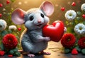 Cute and adorable little fluffy mouse hold red heart. Generative AI