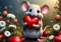 Cute and adorable little fluffy mouse hold red heart. Generative AI