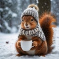 Cute and adorable little fluffy squirrel keeps a cup of coffee. Generative AI