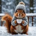 Cute and adorable little fluffy squirrel keeps a cup of coffee. Generative AI