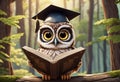 Cute and adorable little owl in graduation cap holds book. Generative AI