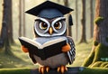 Cute and adorable little owl in graduation cap holds book. Generative AI
