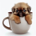 Cute adorable little pekingese dog puppy in a cup close-up. Royalty Free Stock Photo