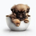 Cute adorable little pekingese dog puppy in a cup close-up. Royalty Free Stock Photo