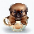 Cute adorable little pekingese dog puppy in a cup close-up. Royalty Free Stock Photo