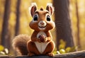 Cute and adorable little squirrel holds a hazelnut in paws. Generative AI