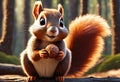 Cute and adorable little squirrel holds a hazelnut in paws. Generative AI