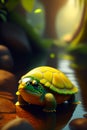 cute adorable little turtle greating me with yellow cloth lying on the river, unreal engine, cozy jungle amazonas lighting, AI