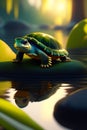 cute adorable little turtle greating me with yellow cloth lying on the river, unreal engine, cozy jungle amazonas lighting, AI