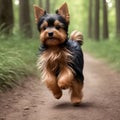 Cute and adorable little Yorkshire terrier running through forest. Generative AI