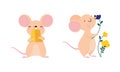 Cute adorable mice in different actions set. Funny mouse eating cheese and smelling flowers cartoon vector illustration Royalty Free Stock Photo