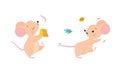 Cute adorable mice in different actions set. Funny mouse running and enjoying of eating cheese cartoon vector