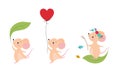 Cute adorable mice in different actions set. Lovely mouse playing with leaf and inflatable balloons cartoon vector