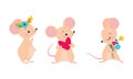 Cute adorable mice in different actions set. Lovely mouse with spring flowers and heart cartoon vector illustration