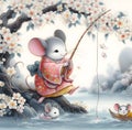 A cute and adorable mouse fishing under a blossoms tree at a river, wearing kimono, animal creatures, design, art, fantasy