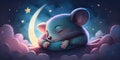 A cute and adorable mouse is sleeping under night sky between stars pillow