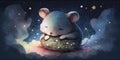 A cute and adorable mouse is sleeping under night sky between stars pillow