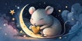 A cute and adorable mouse is sleeping under night sky between stars pillow